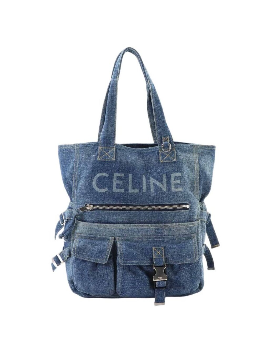 Celine Logo Denim Tote Bag Blue Silver